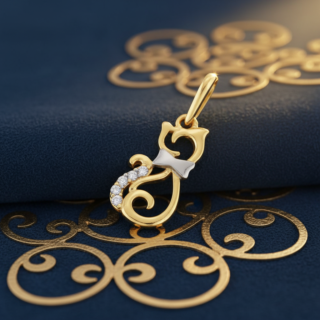 Solid 14K Yellow Gold CZ Cat Pendant for Women and Teens