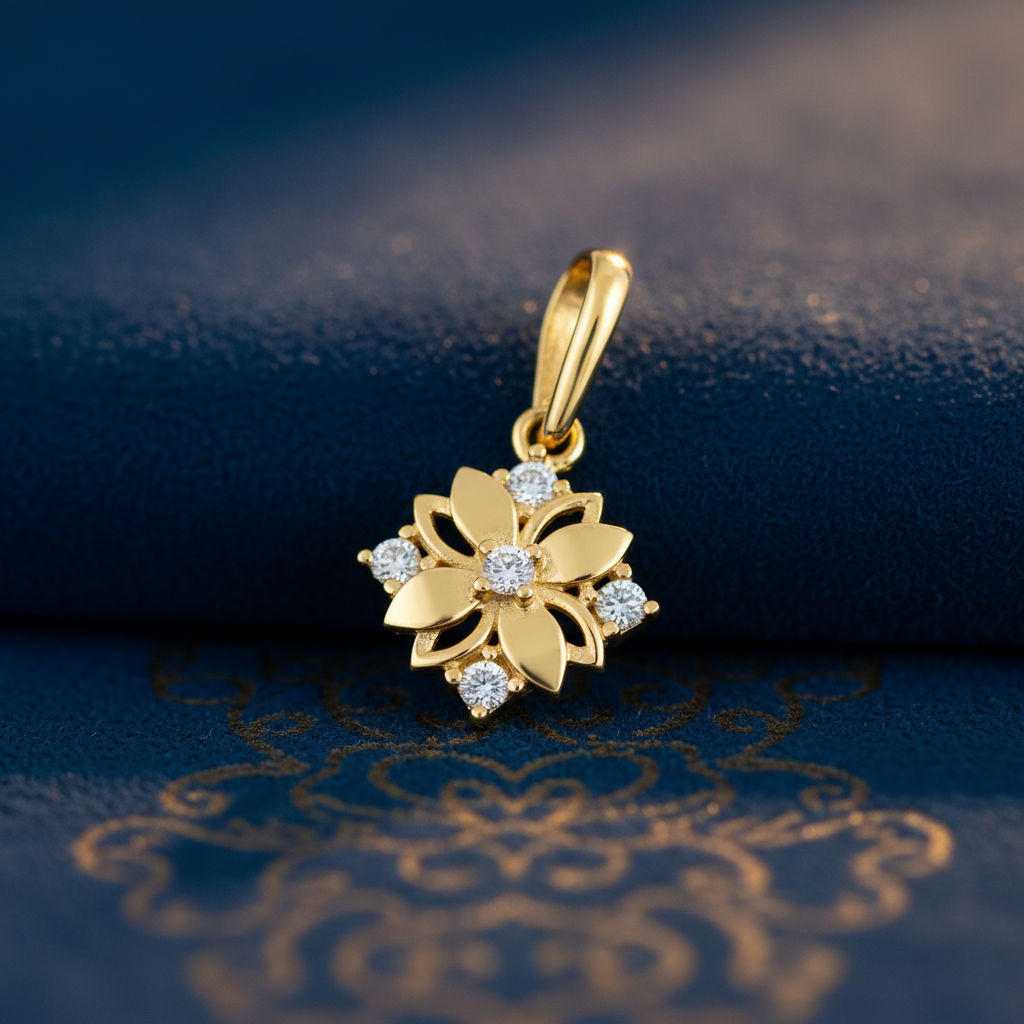 Solid 14K Yellow Gold CZ Flower Pendant for Women and Teens