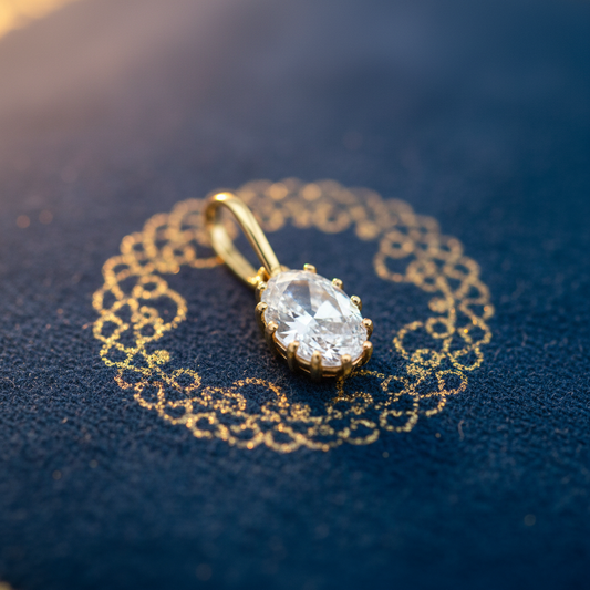 Solid 14K Yellow Gold CZ Oval Pendant for Women and Teens
