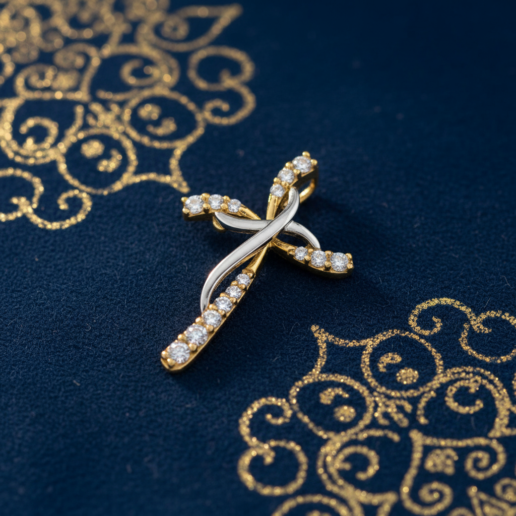 Solid 14K Yellow & White Gold Blessed Cross Round CZ Pendant for Women and Teens