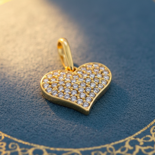 Solid 14K Yellow Gold Heart Pave Round CZ Pendant for Women and Teens