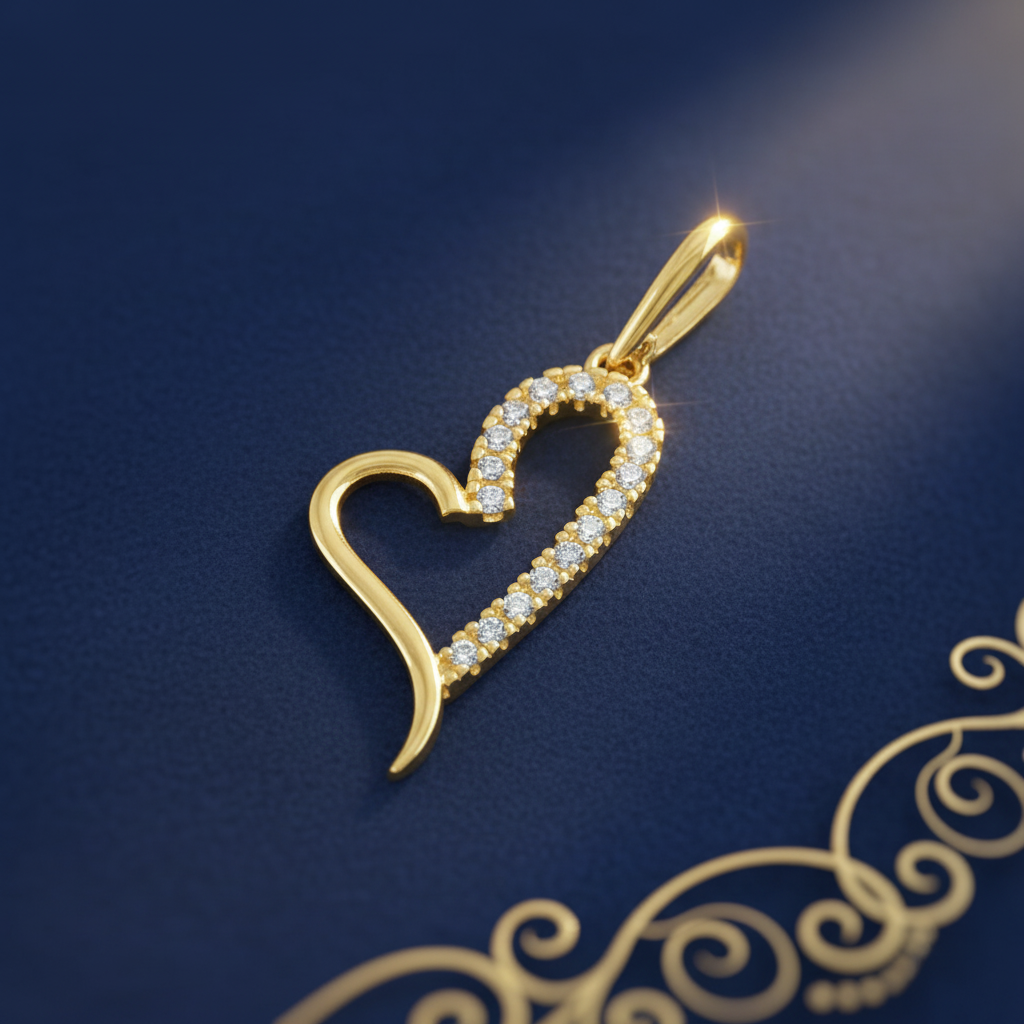 Solid 14K Yellow Gold Curvy Heart Round CZ Pendant for Women and Teens