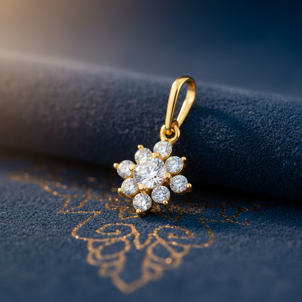 Solid 14K Yellow Gold Artistic Flower Round CZ Pendant for Women and Teens