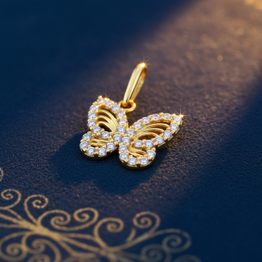 Solid 14K Yellow Gold Monarch Butterfly CZ Pendant for Women and Teens