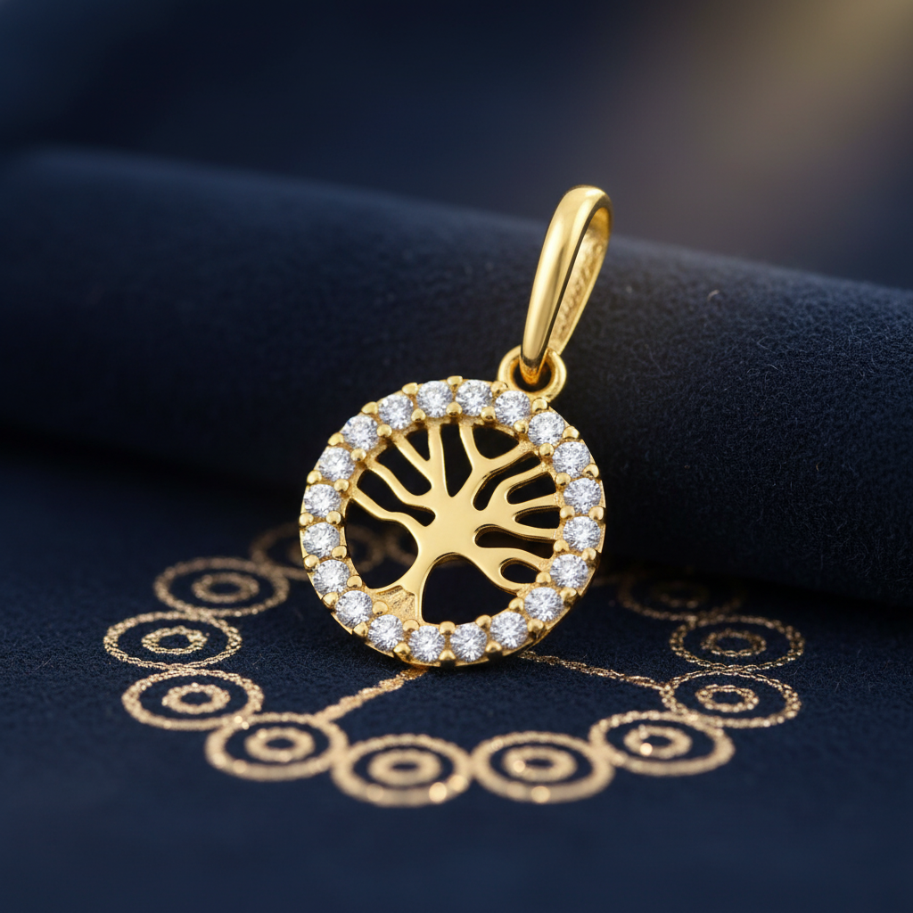 Solid 14K Yellow Gold Tree of Life Round CZ Pendant for Women and Teens