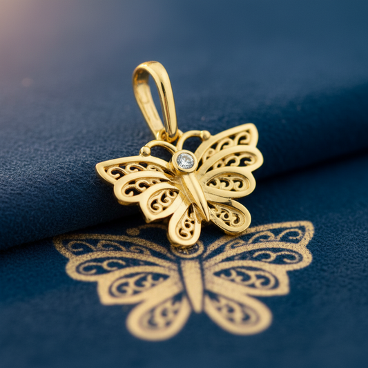 Solid 14K Yellow Gold Orchid Butterfly Round CZ Pendant for Women and Teens