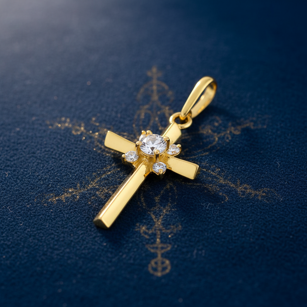 Solid 14K Yellow Gold Ancient Cross CZ Pendant for Women and Teens
