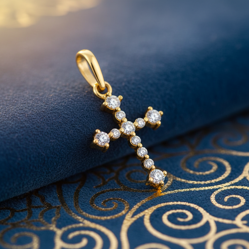 Solid 14K Yellow Gold Classic Cross CZ Pendant for Women and Teens
