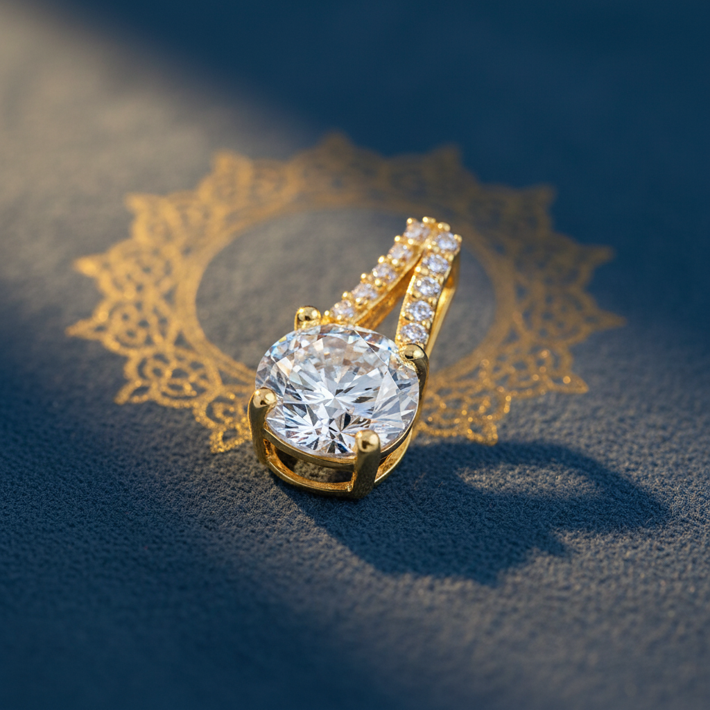 Solid 14K Yellow Gold Vintage Round CZ Pendant for Women and Teens