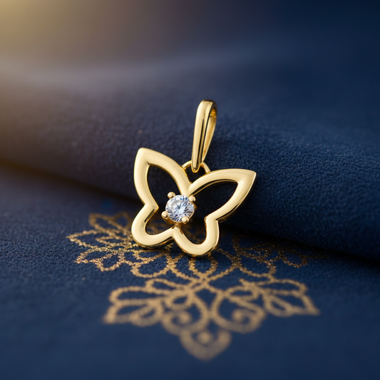 Solid 14K Yellow Gold Butterfly Outline CZ Pendant for Women and Teens