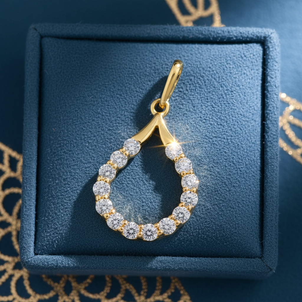 Solid 14K Yellow Gold Artistic Drop CZ Pendant for Women and Teens