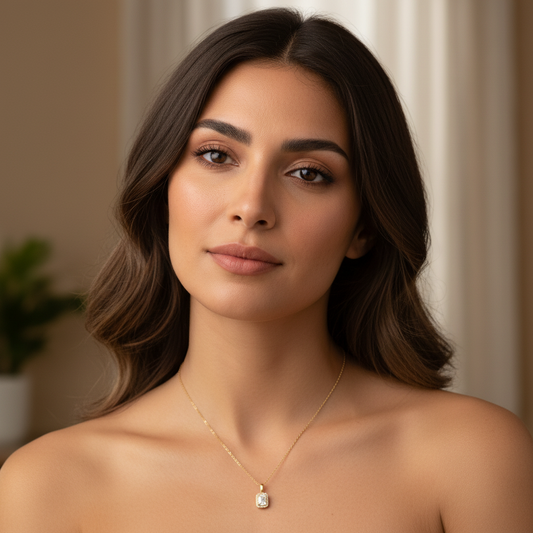 Solid 14K Yellow Gold Halo Emerald Cut CZ Pendant for Women and Teens