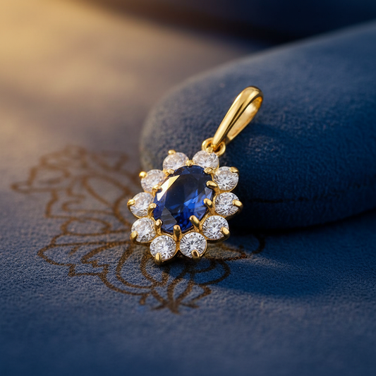 Solid 14K Yellow Gold Oval Blue Simulated Sapphire Pendant for Women and Teens