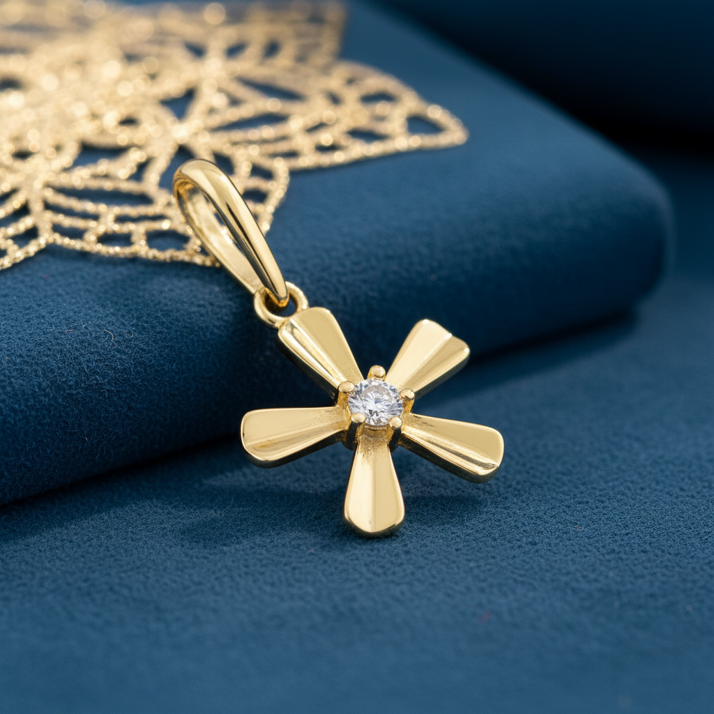 Solid 14K Yellow Gold Groovy Flower CZ Pendant for Women and Teens