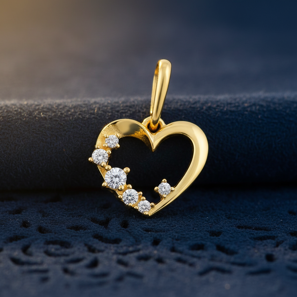 Solid 14K Yellow Gold Asymmetrical Heart CZ Pendant for Women and Teens