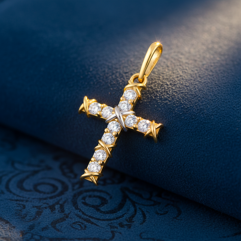Solid 14K Yellow Gold and White Gold Bond Cross CZ Pendant for Women and Teens
