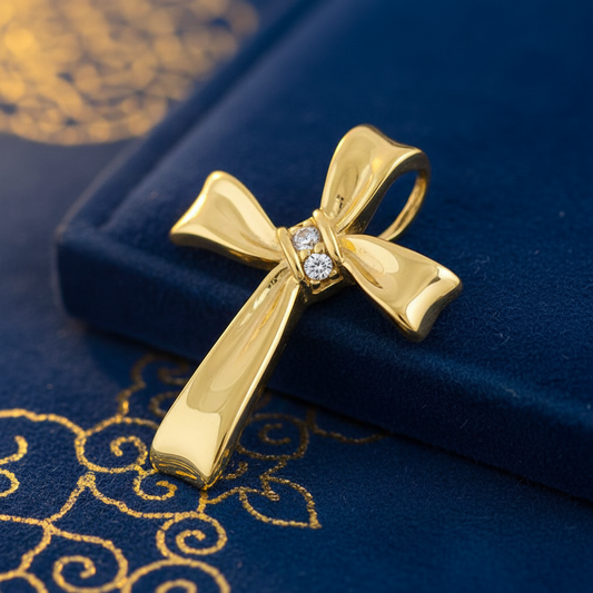 Solid 14K Yellow Gold Ribbon Cross CZ Pendant for Women and Teens