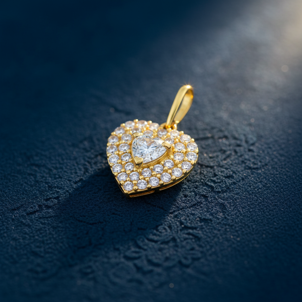 Solid 14K Yellow Gold Inner Heart Pave CZ Pendant for Women and Teens