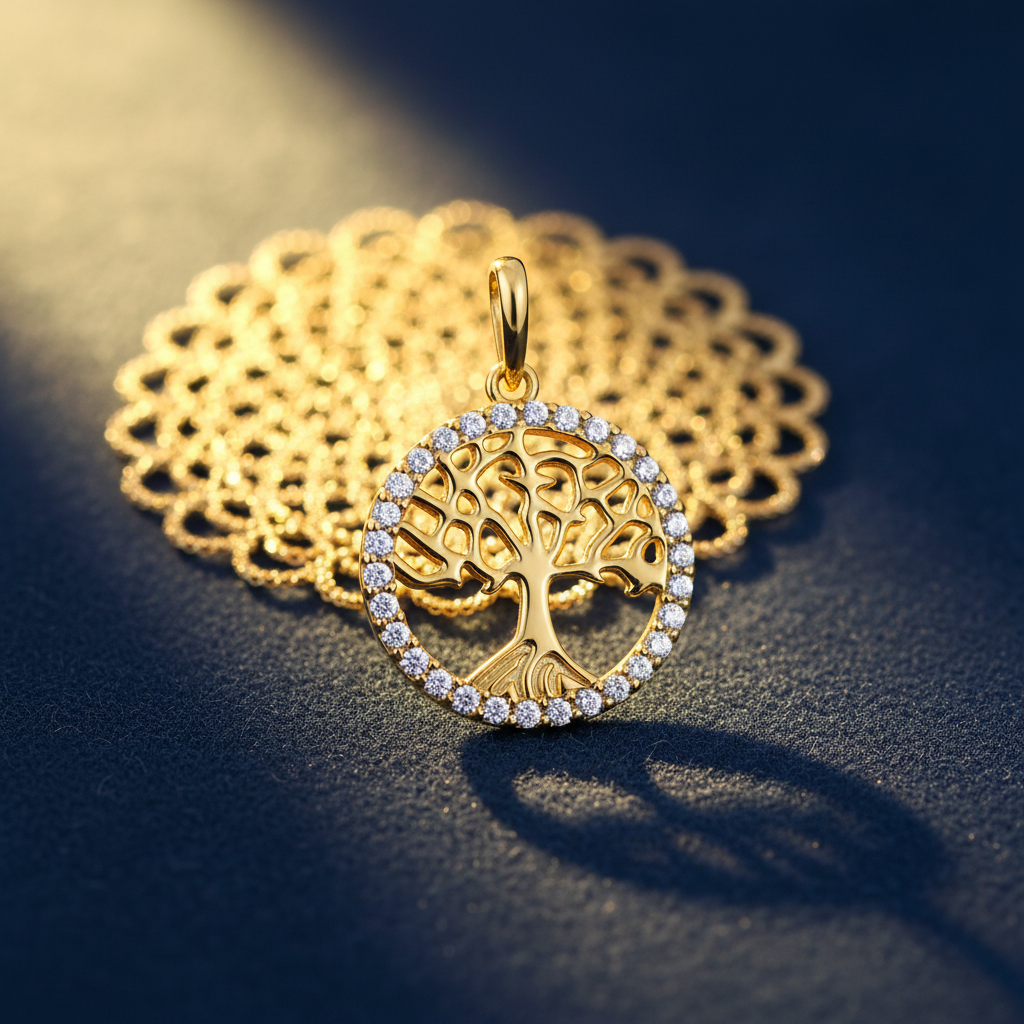 Solid 14K Yellow Gold Tree of Life CZ Pendant for Women and Teens