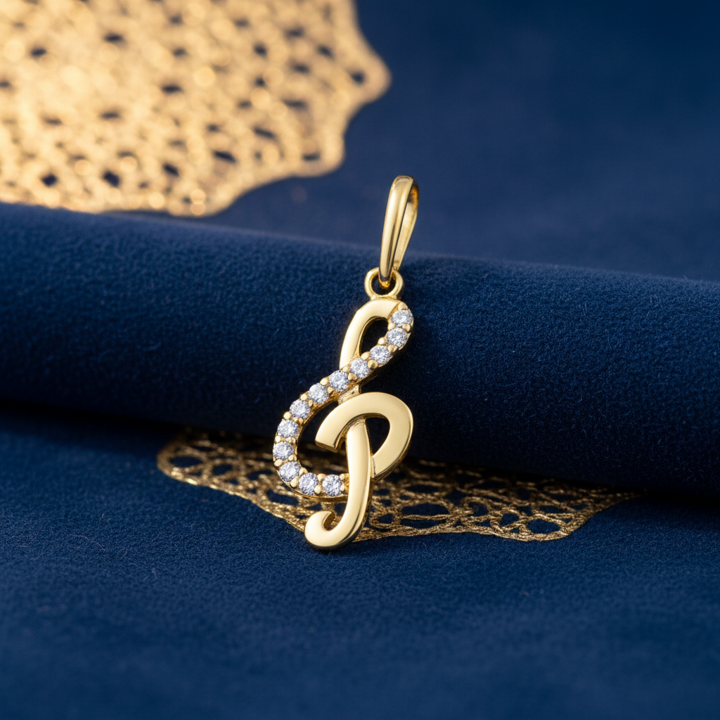 Solid 14K Yellow Gold Music Note CZ Pendant for Women and Teens
