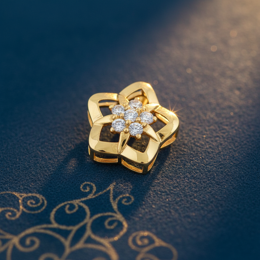 Solid 14K Yellow Gold Puffy Flower Star CZ Pendant for Women and Teens