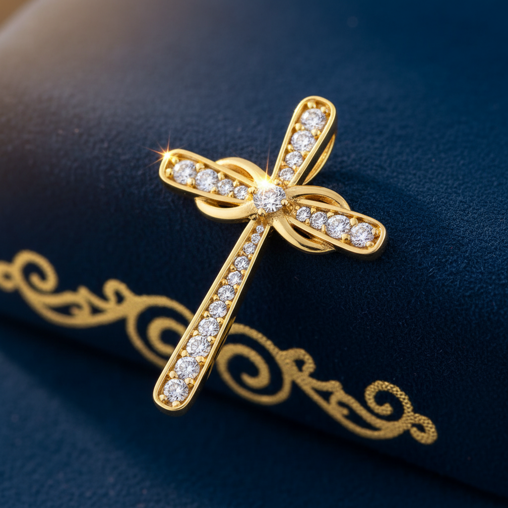 Solid 14K Yellow Gold Relic Cross CZ Pendant for Women and Teens