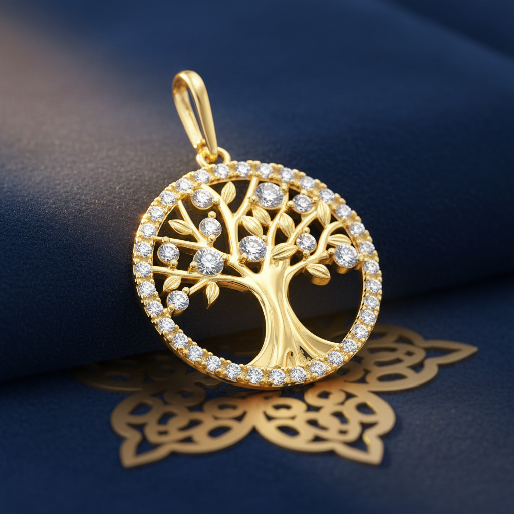 Solid 14K Yellow Gold Glitzy Tree of Life CZ Pendant for Women and Teens