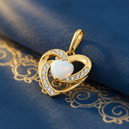 Solid 14K Yellow Gold Heart White Lab Opal CZ Pendant for Women and Teens