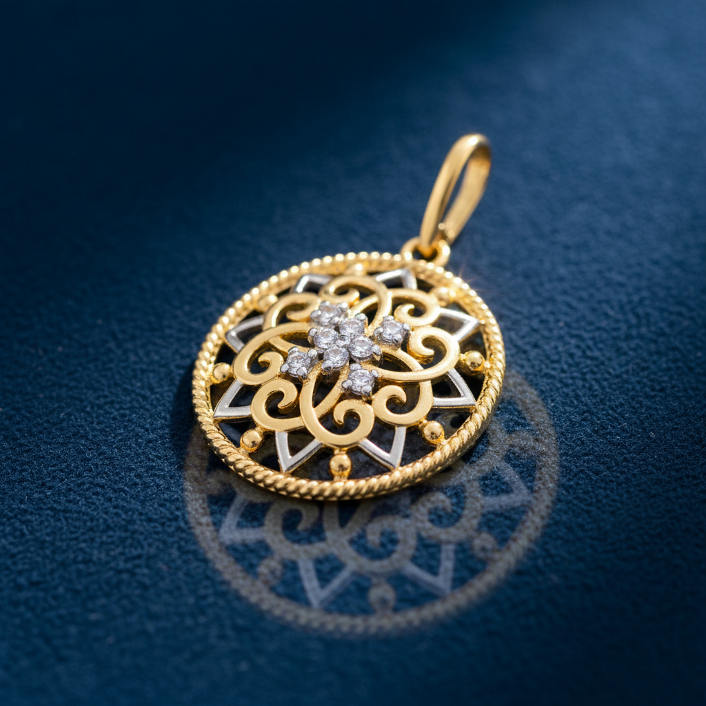 Solid 14K Yellow Gold Ornate Flower Shield CZ Pendant for Women and Teens