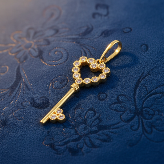 Solid 14K Yellow Gold Heart Key CZ Pendant for Women and Teens