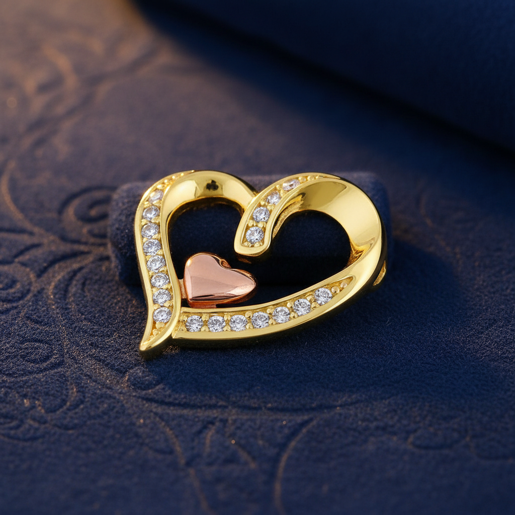 Solid 14K Yellow Gold Rose Gold Plated Inner Heart CZ Pendant for Women and Teens