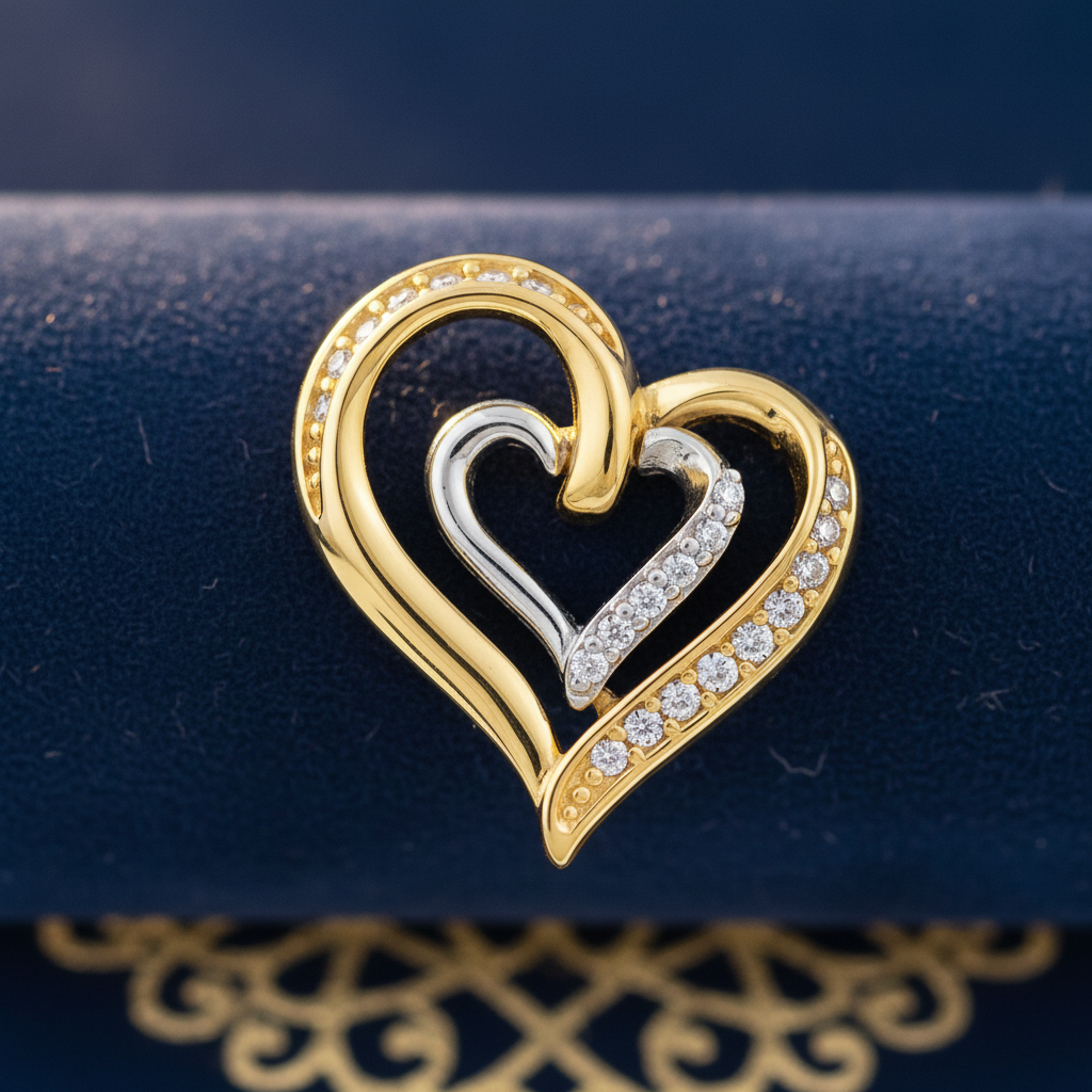 Solid 14K Yellow with White Gold Inner Heart CZ Pendant for Women and Teens