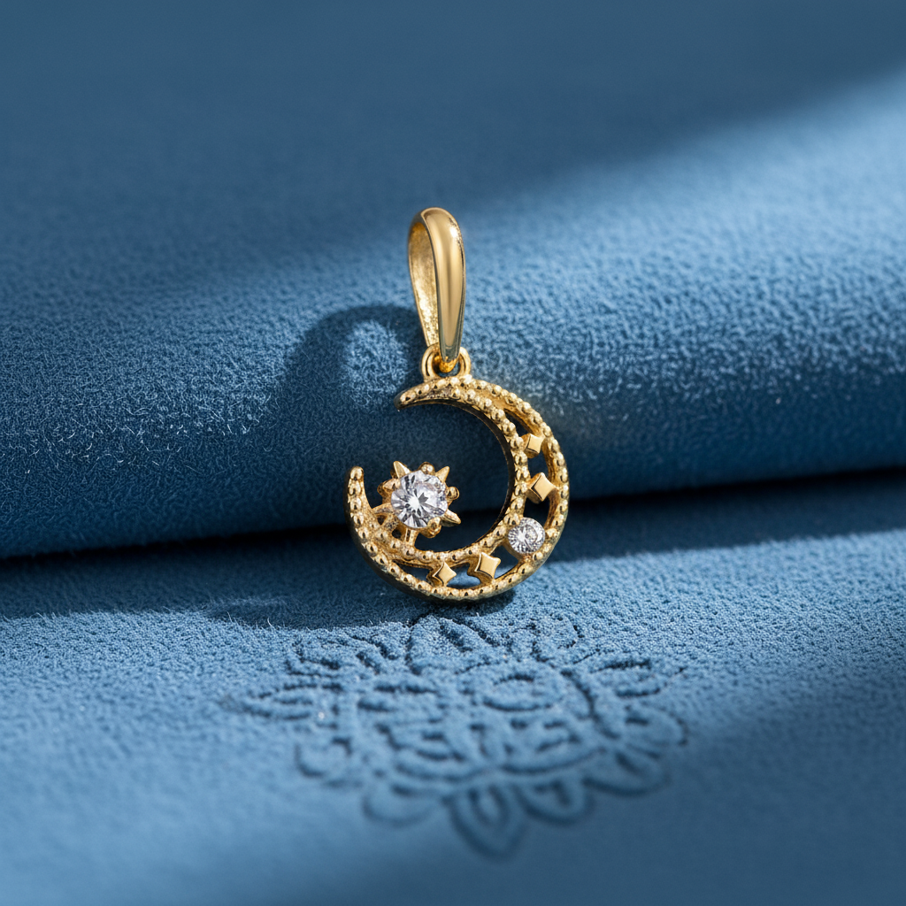 Solid 14K Gold Crescent Moon CZ Pendant for Women and Teens