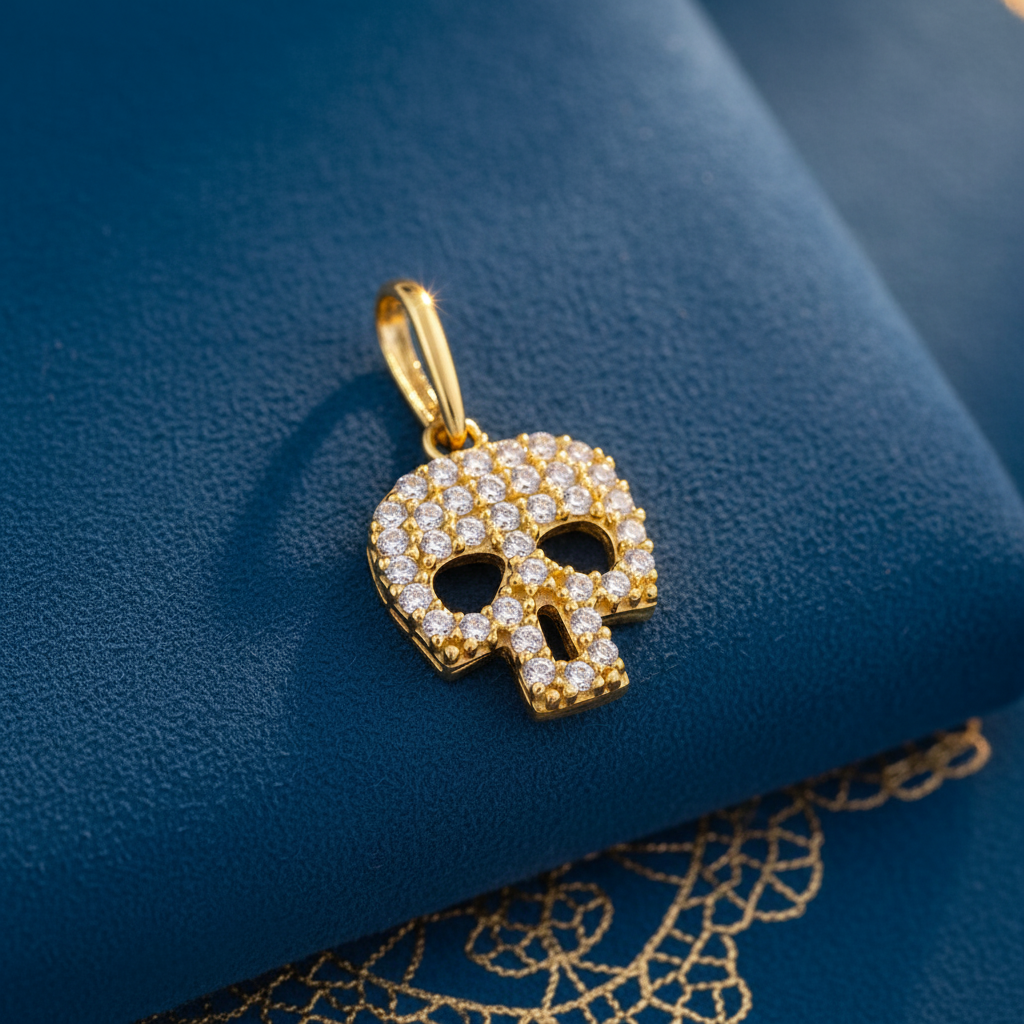 Solid 14K Gold Skull CZ Pendant for Women and Teens