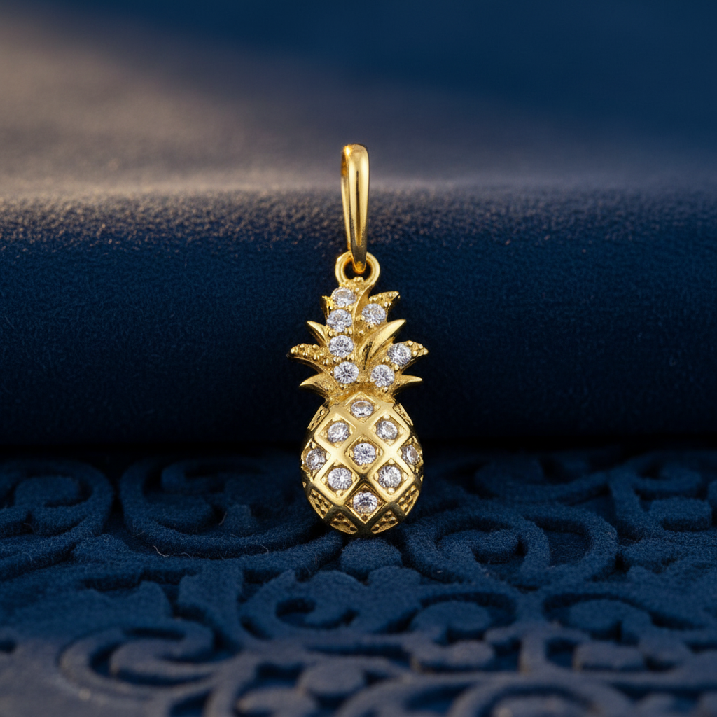 Solid 14K Gold Pineapple with CZ Pendant for Women and Teens