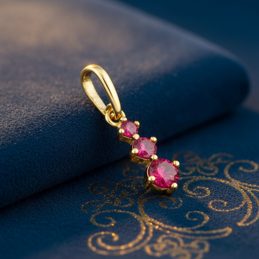 Solid 14K Yellow Gold Triple Round Simulated Ruby Pendant for Women and Teens