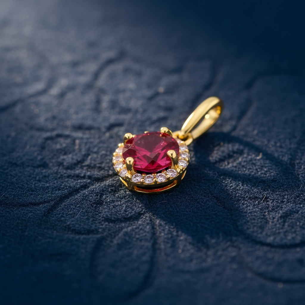 Solid 14K Yellow Gold Halo Round Simulated Ruby Pendant for Women and Teens