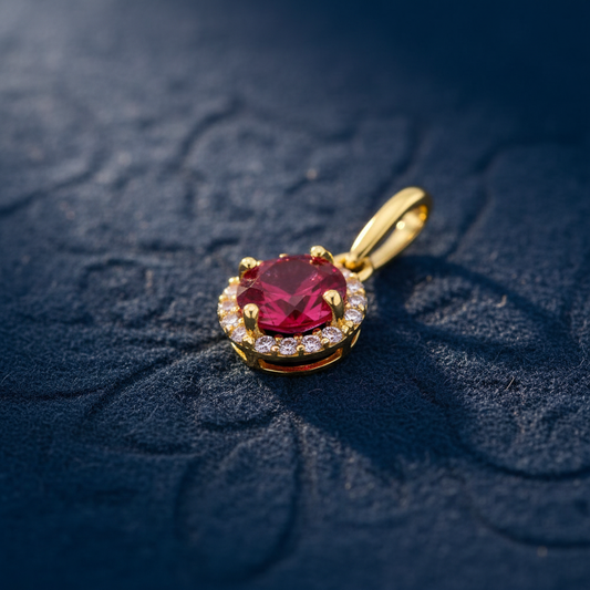 Solid 14K Yellow Gold Halo Round Simulated Ruby Pendant for Women and Teens