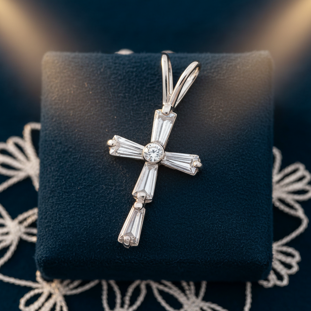 Solid 14K White Gold Baguette Straight CZ Cross Pendant for Women and Teens