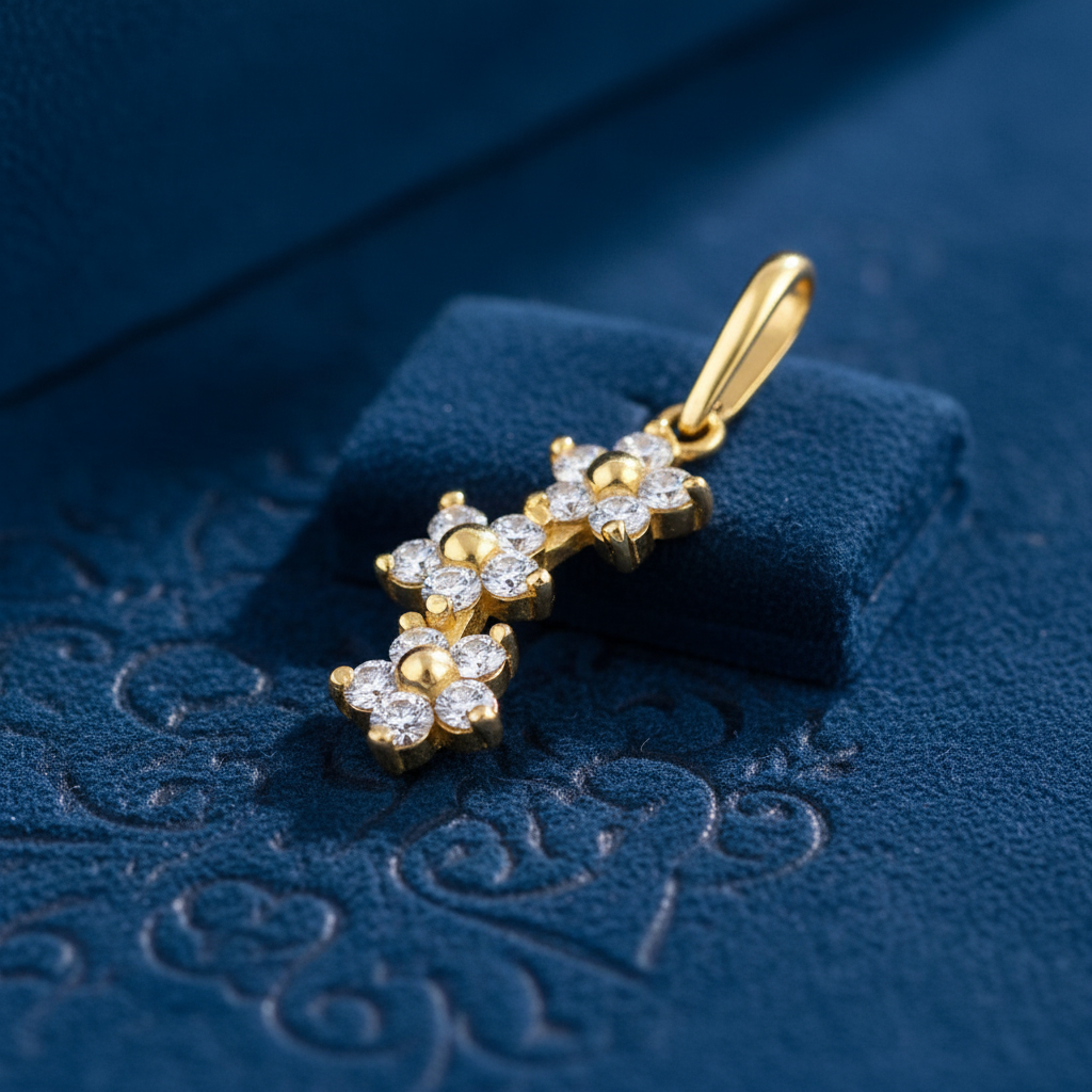 Solid 14K Yellow Gold Small Triple Plumeria CZ Pendant for Women and Teens