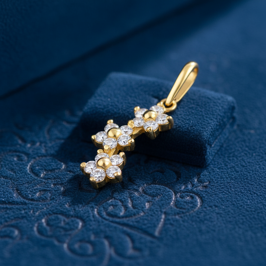 Solid 14K Yellow Gold Small Triple Plumeria CZ Pendant for Women and Teens