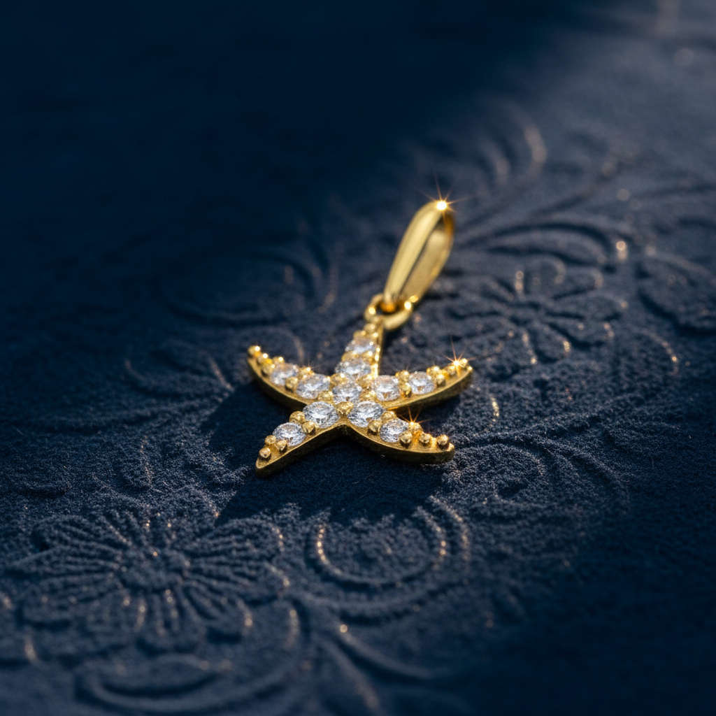 Solid 14K Yellow Gold Ocean Starfish CZ Pendant for Women and Teens
