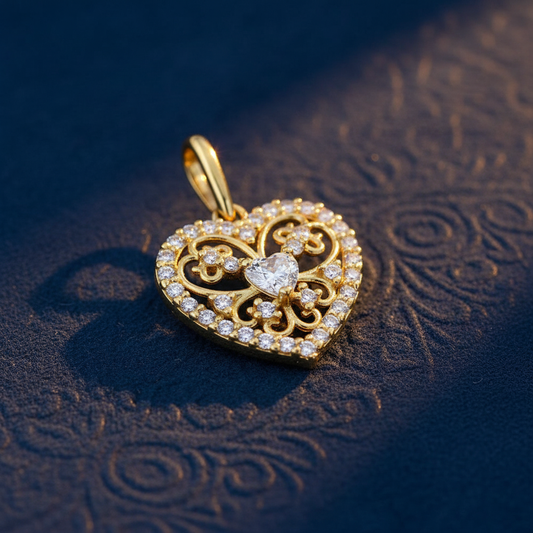 Solid 14K Yellow Gold Graceful Heart Cut CZ Pendant for Women and Teens