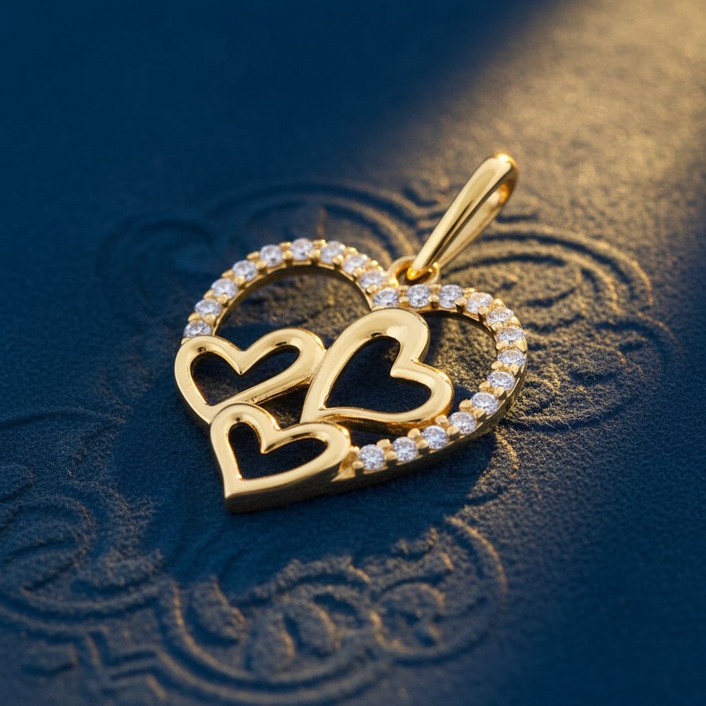 Solid 14K Yellow Gold Quad Heart CZ Pendant for Women and Teens