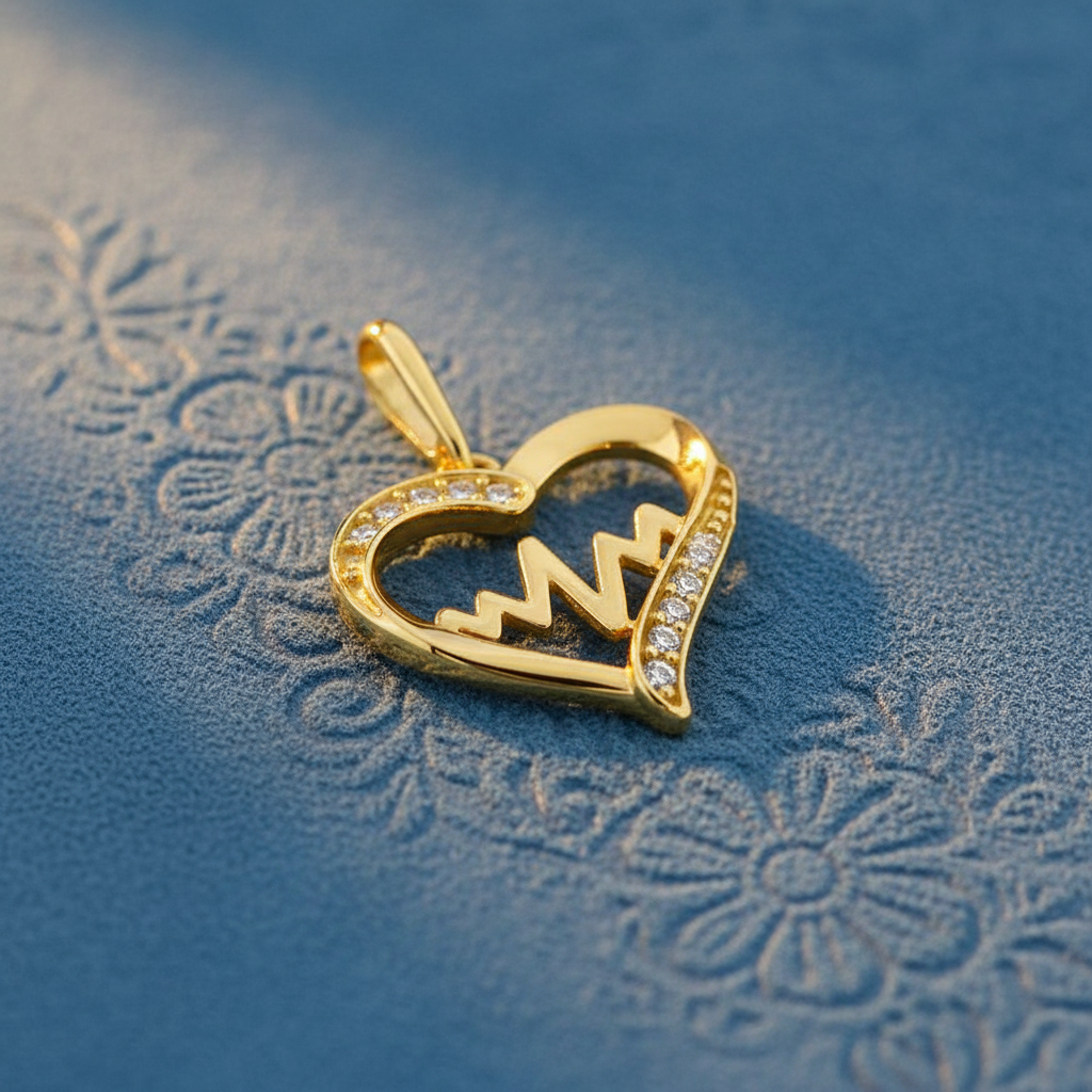 Solid 14K Yellow Gold Heart Beat CZ Pendant for Women and Teens