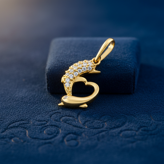 Solid 14K Yellow Gold Double Dolphin Heart CZ Pendant for Women and Teens