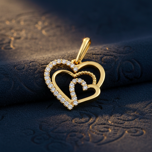Solid 14K Yellow Gold Triple Heart CZ Pendant for Women and Teens