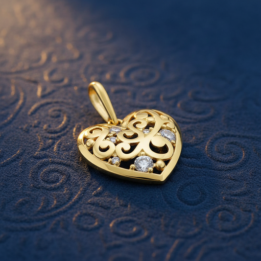 Solid 14K Yellow Gold Filigree Heart CZ Pendant for Women and Teens