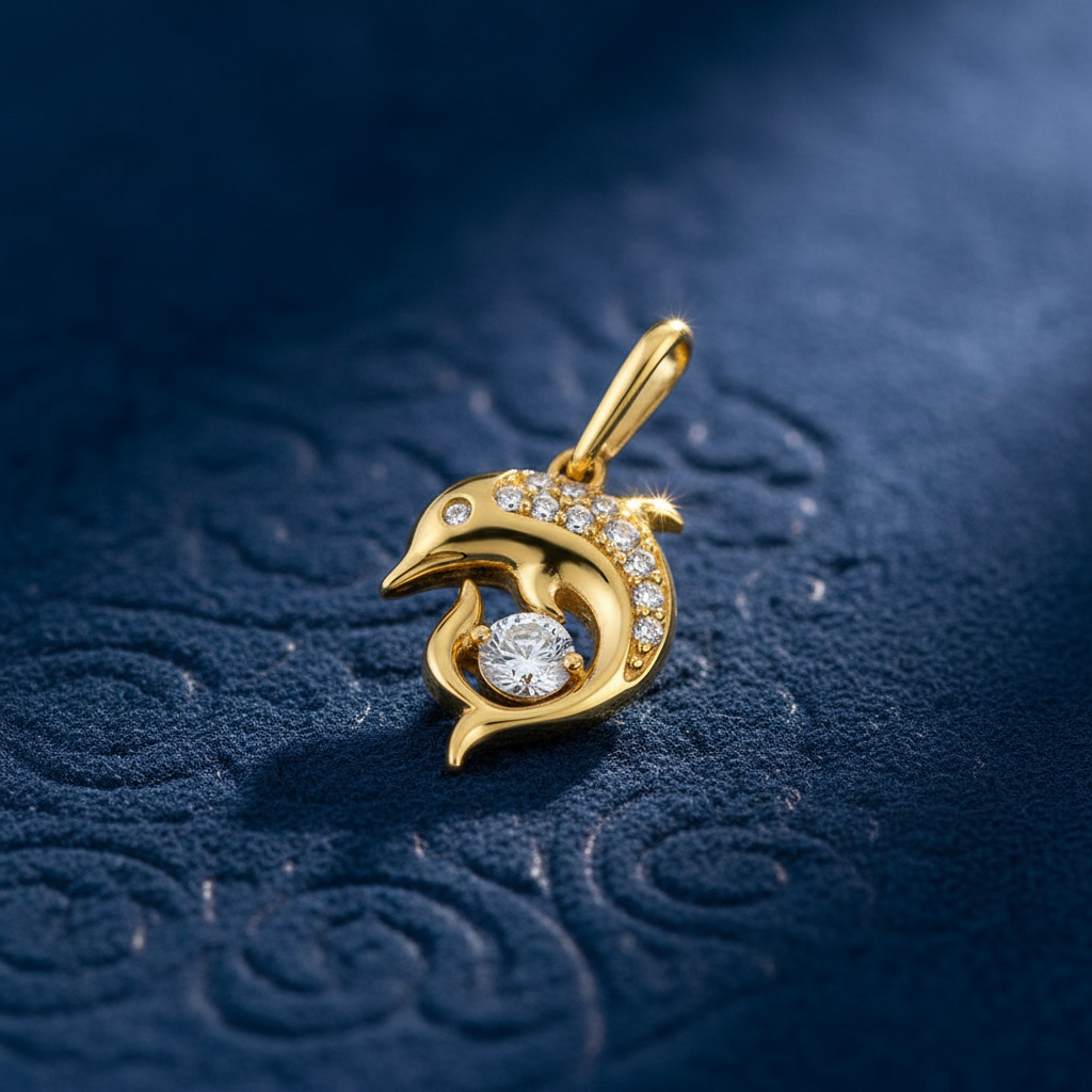 Solid 14K Yellow Gold Dolphin CZ Pendant for Women and Teens