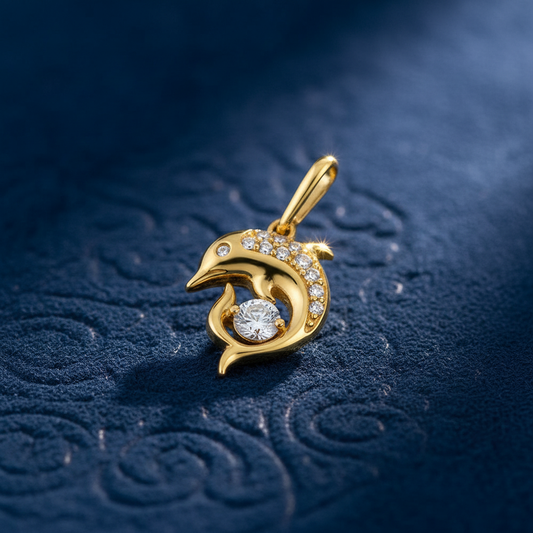 Solid 14K Yellow Gold Dolphin CZ Pendant for Women and Teens